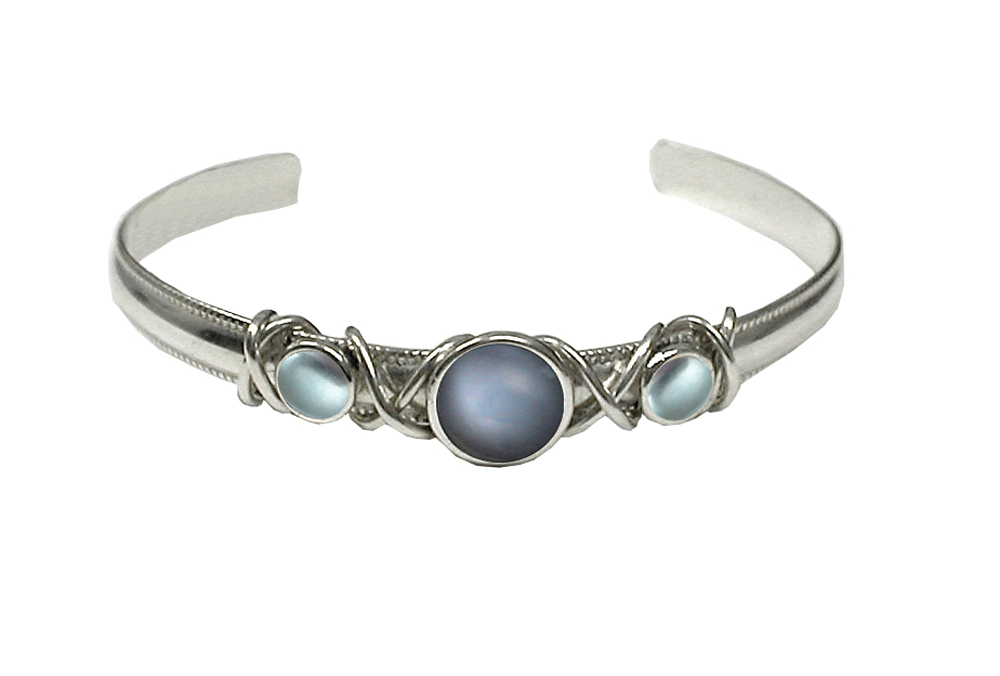 Sterling Silver Hand Made Cuff Bracelet With Grey Moonstone And Blue Topaz